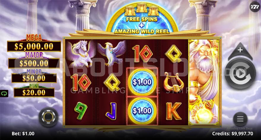 Base game showing a 5x3 grid with regular and special symbols, a stacked Wild Zeus symbol and jackpots on the left side.