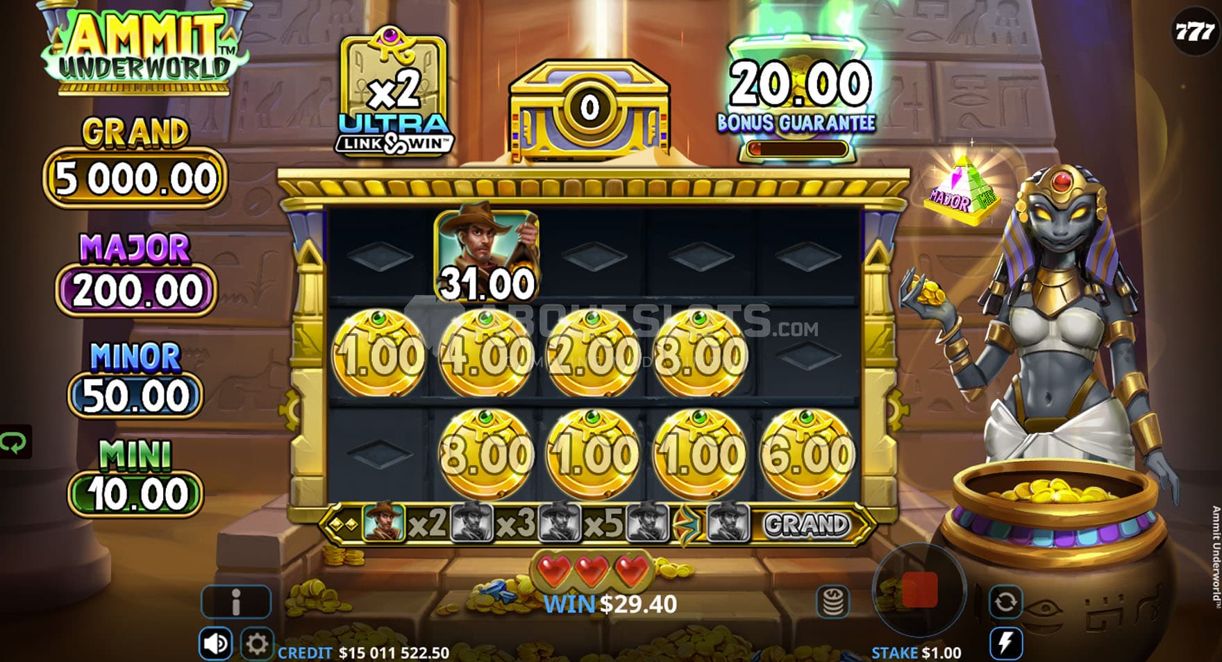 Screenshot of the Bonus Game in progress, showing multiple cash symbols being collected.