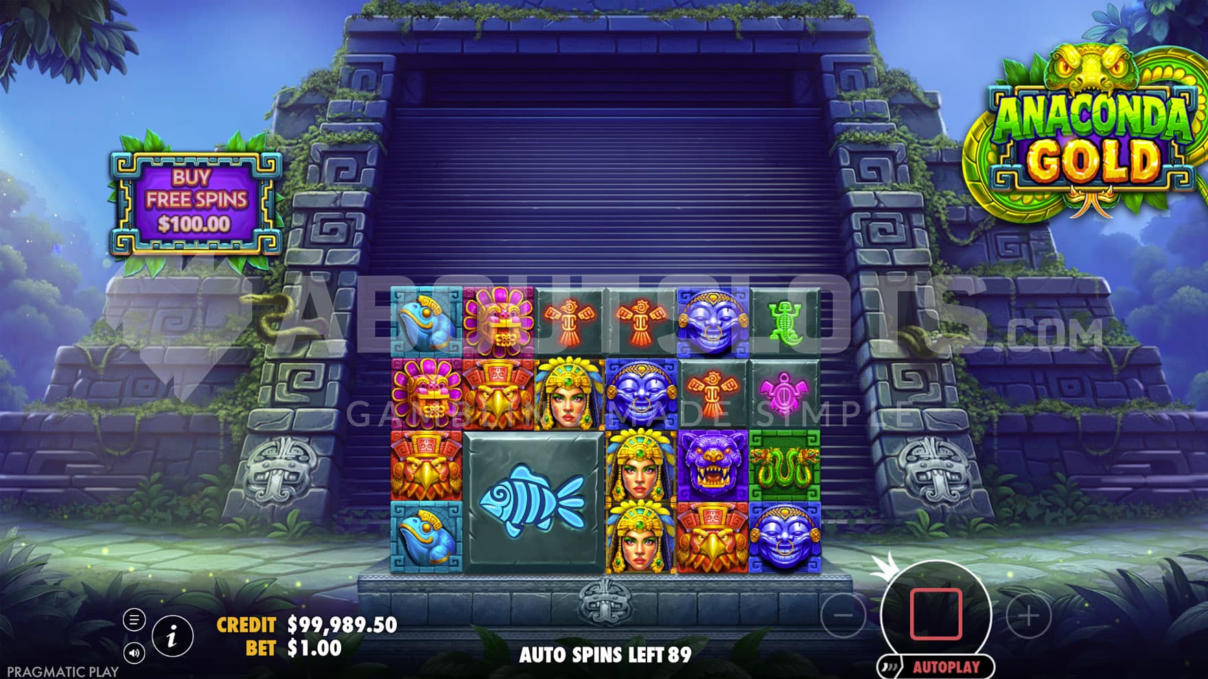 Base Game view of a 6x4 grid on a backdrop of a massive Aztec temple.