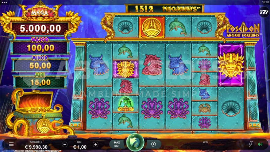 Base game showing a 6-reel grid with varying number of symbols on each column and jackpot boxes on the left.