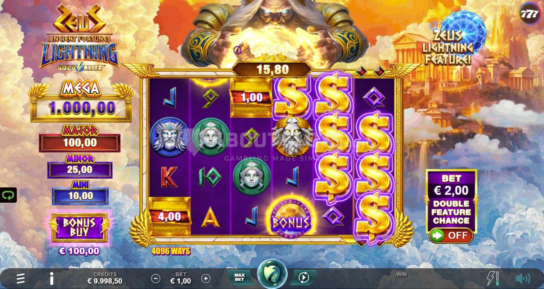 Screenshot of a base game, showing a 6x4 grid on a cloudy backdrop with a Greek temple in the distance.