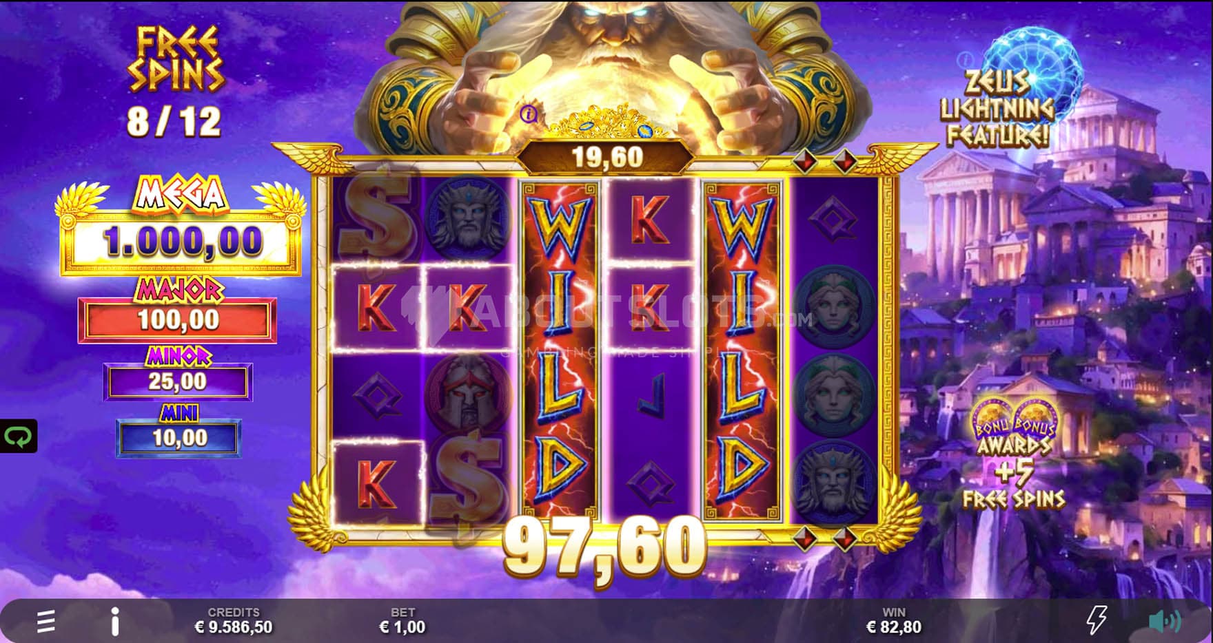 Screenshot of Free Spins in progress, with two Expanding Wilds triggered on reels 3 and 5.