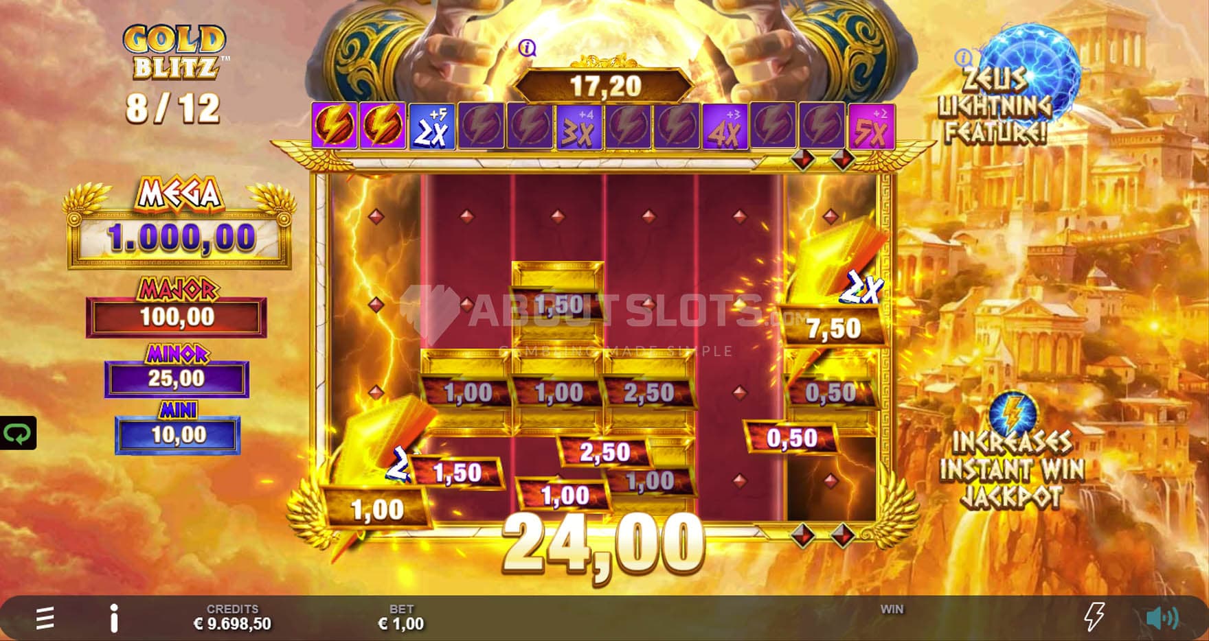 Screenshot of a Gold Blitz feature in progress, with the collection of multiple cash symbols triggered.