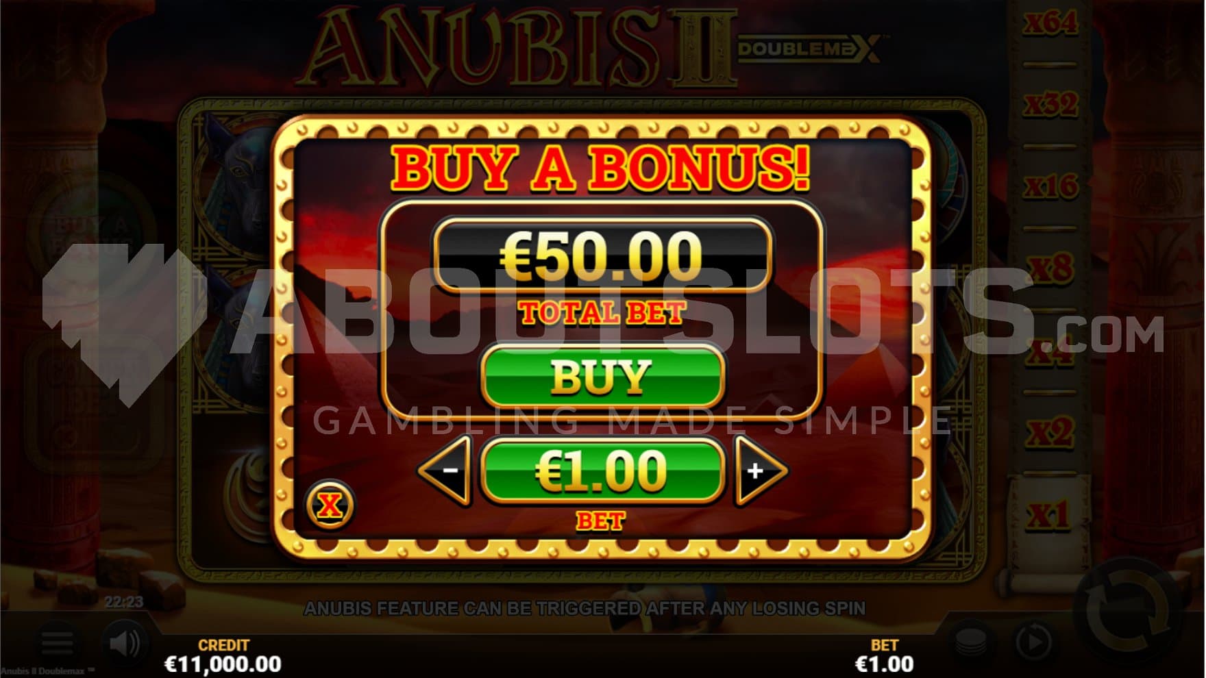 A screen offering the Free Spins for 50x the bet.