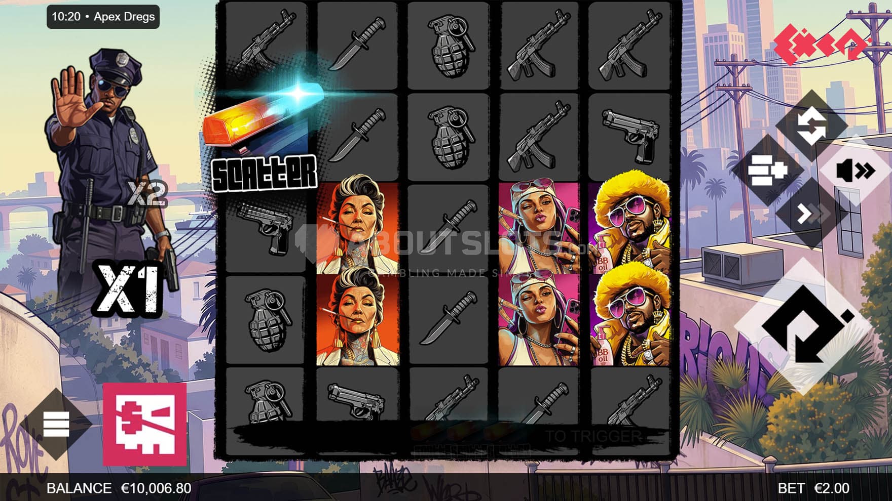Screenshot of the base game, showing a 5x5 grid on a backdrop of a modern city.