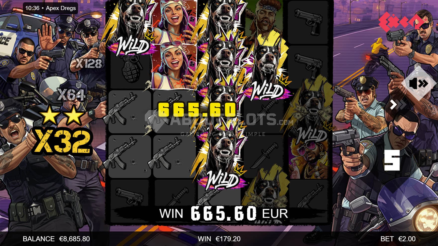 Screenshot of the Free Spins bonus in progress, showing multiple Wilds contributing to a win with an x32 active multiplier.