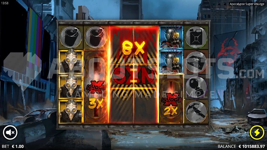 An 8X Super xNudge Wild stacked on reels 3 and 4.