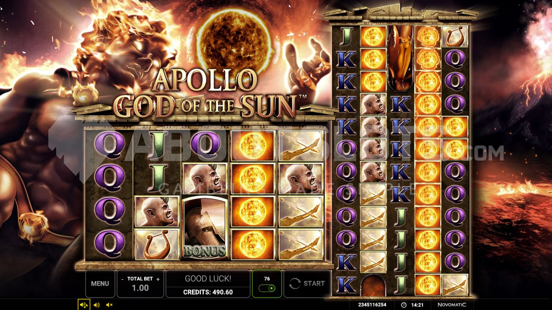 Base Game view of two grids - 5x4 and 5x12 on a backdrop of a mythological scene showing the god Apollo reach for the sun.
