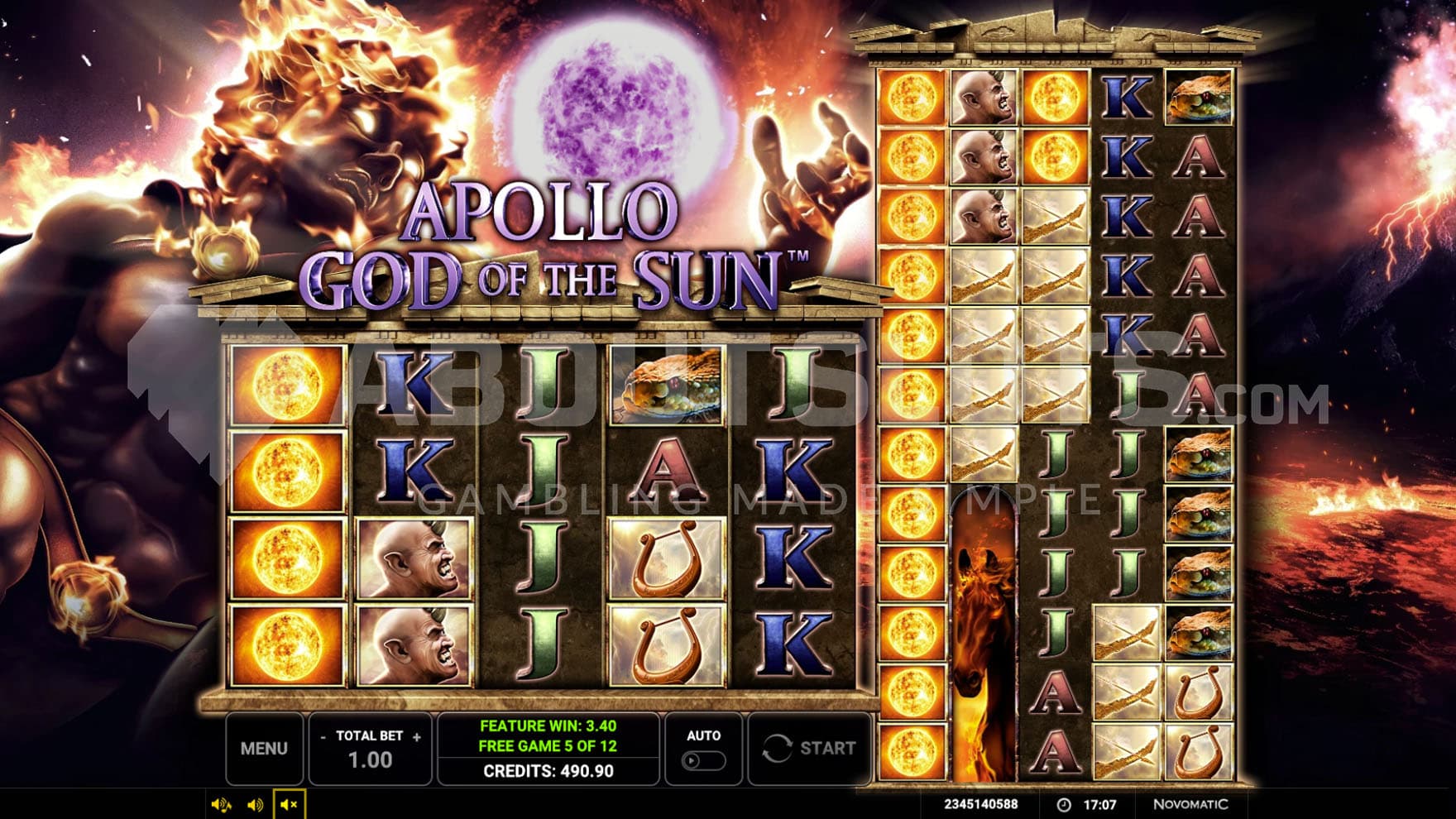 Free Spins bonus in progress, showing an expanded Wild on reel 1 of the first panel that is transferred on the first reel of the second panel.