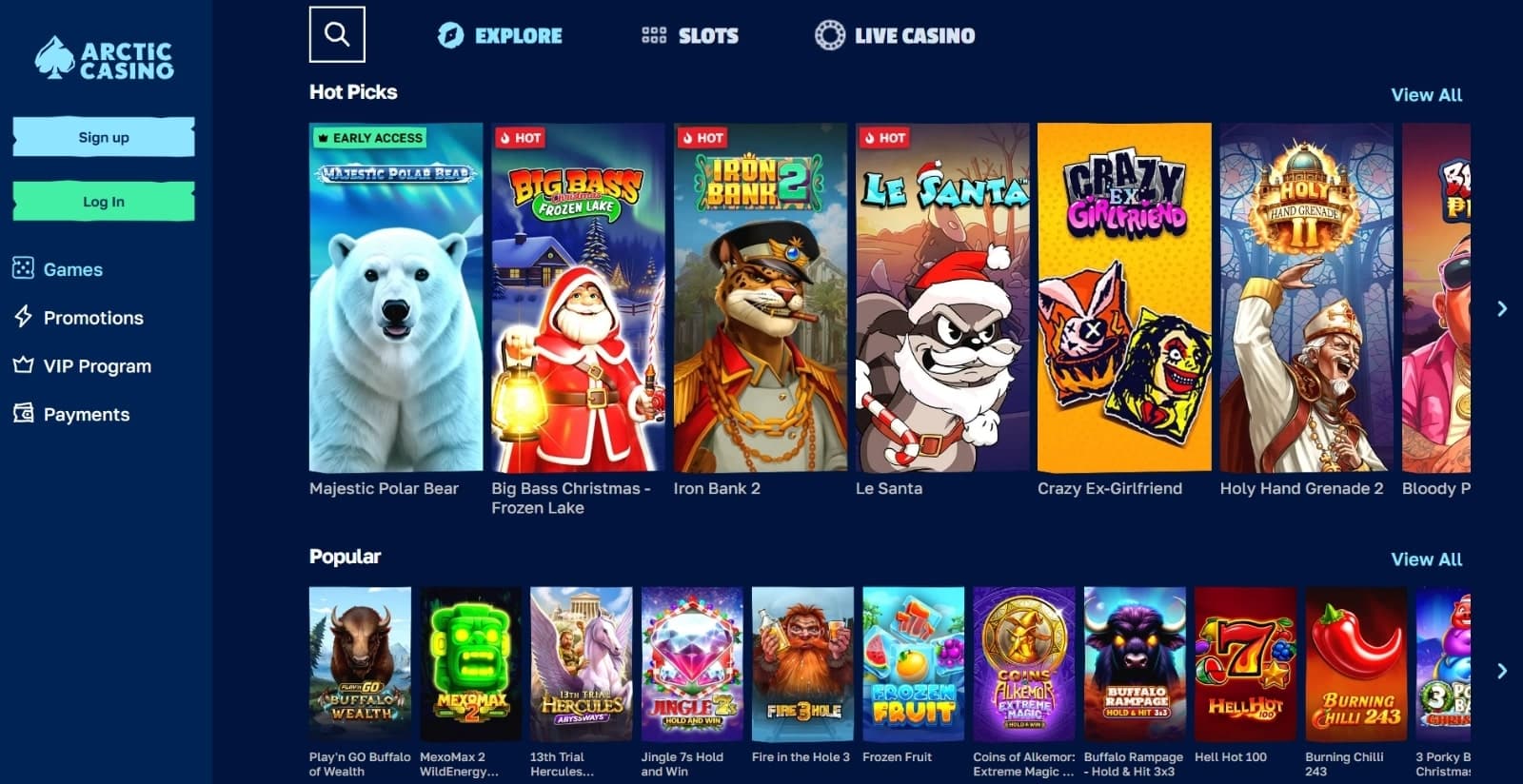 Arctic Casino's games page featuring the hotest slots, such as Big Bass Frozen Lake, iron bank 2 and Le Santa