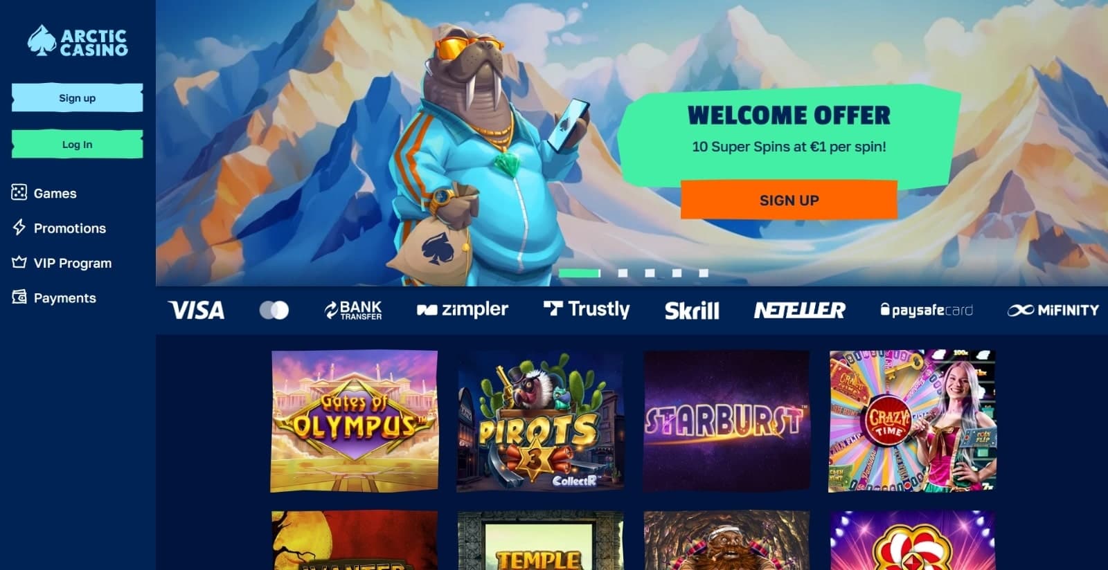 Arctic Casino's landing page featuring the welcome offer banner with image of walrus with phone and money bag above payment option banner and slot games