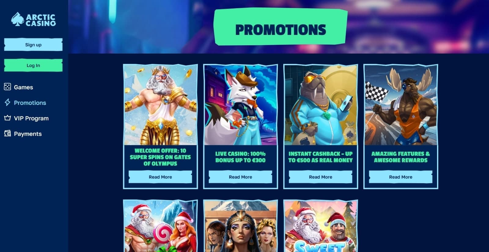 Arctic Casino's promotions page featuring the welcome bonuses, instant cashback and network slot events