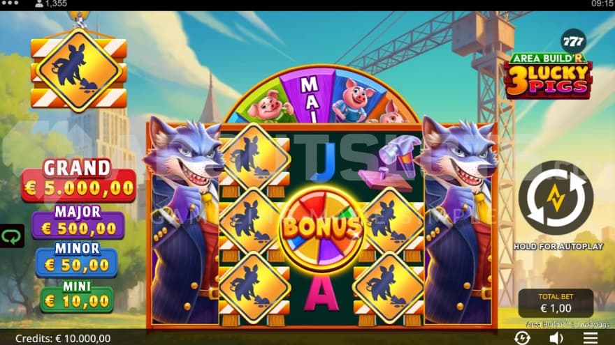 A casino slot with three little pigs and a bad wolf.