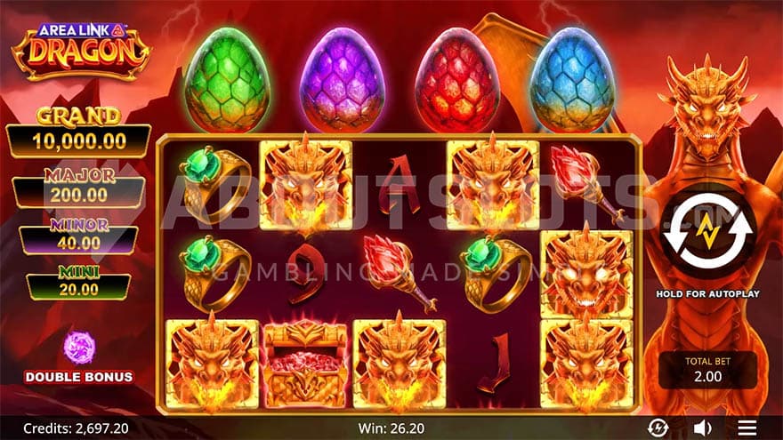 Base game view of a 5x3 grid with 4 dragon eggs on top and a dragon on the right.