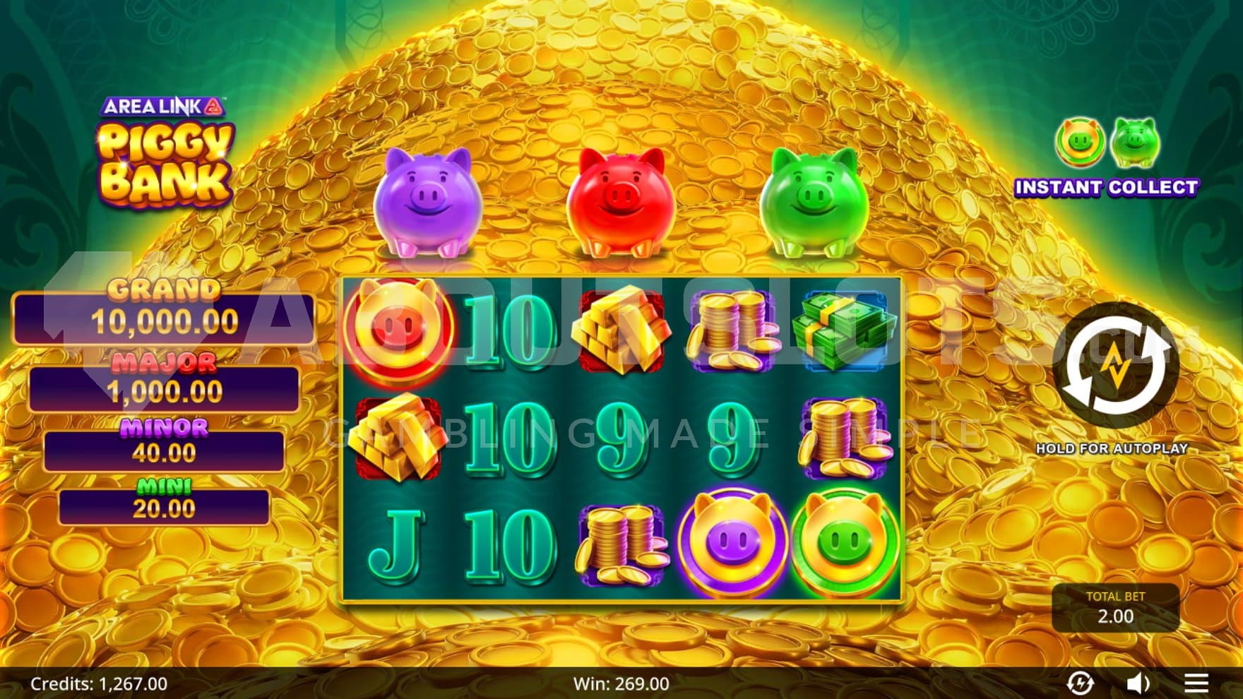 A casino slot with a huge pile of gold coins in the background.