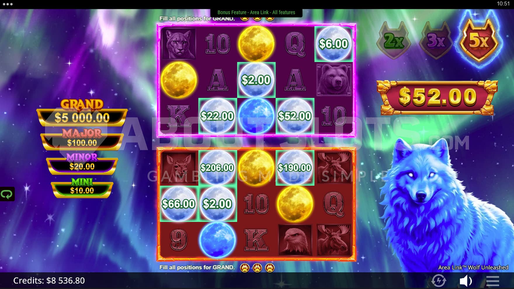 Bonus Game in progress with all four modifiers active, played on two grids with multiple cash symbols locked in.