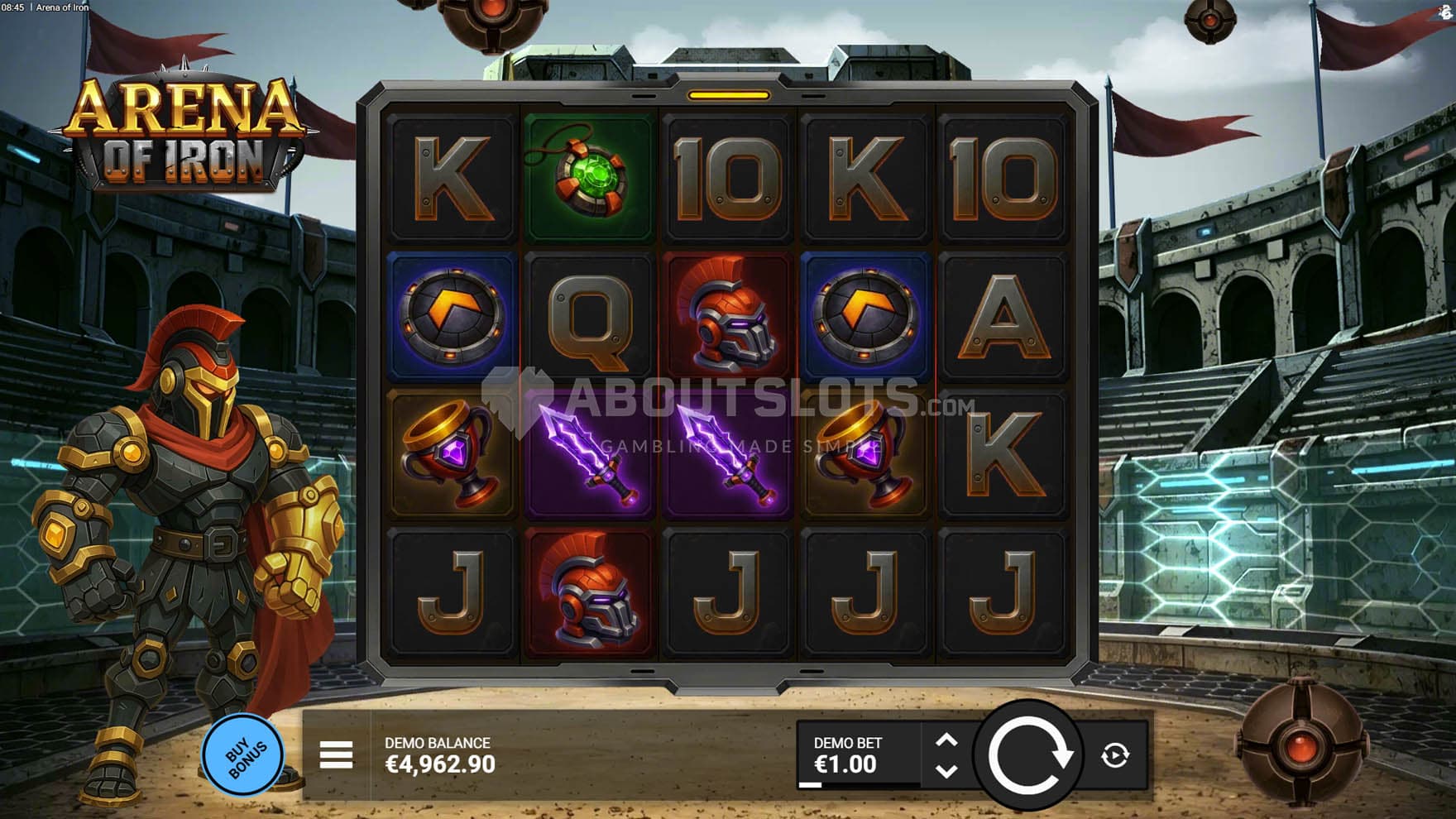 Base Game view of a 5x4 grid on a backdrop of a futuristic arena with a robot warrior standing on the left.