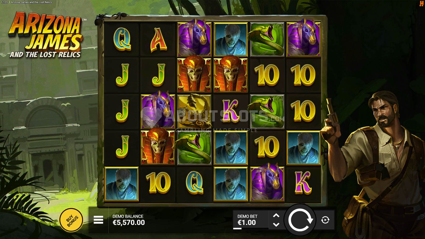 Screenshot of the base game, with a 6x5 grid on a backdrop of a jungle with an explorer standing on the right.