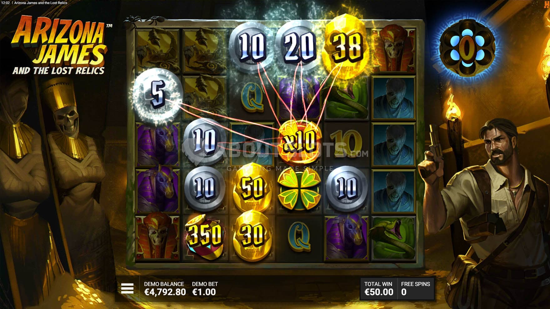 Screenshot of the Tomb of Gold Bonus in progress, with multiple cash prizes revealed on the grid.