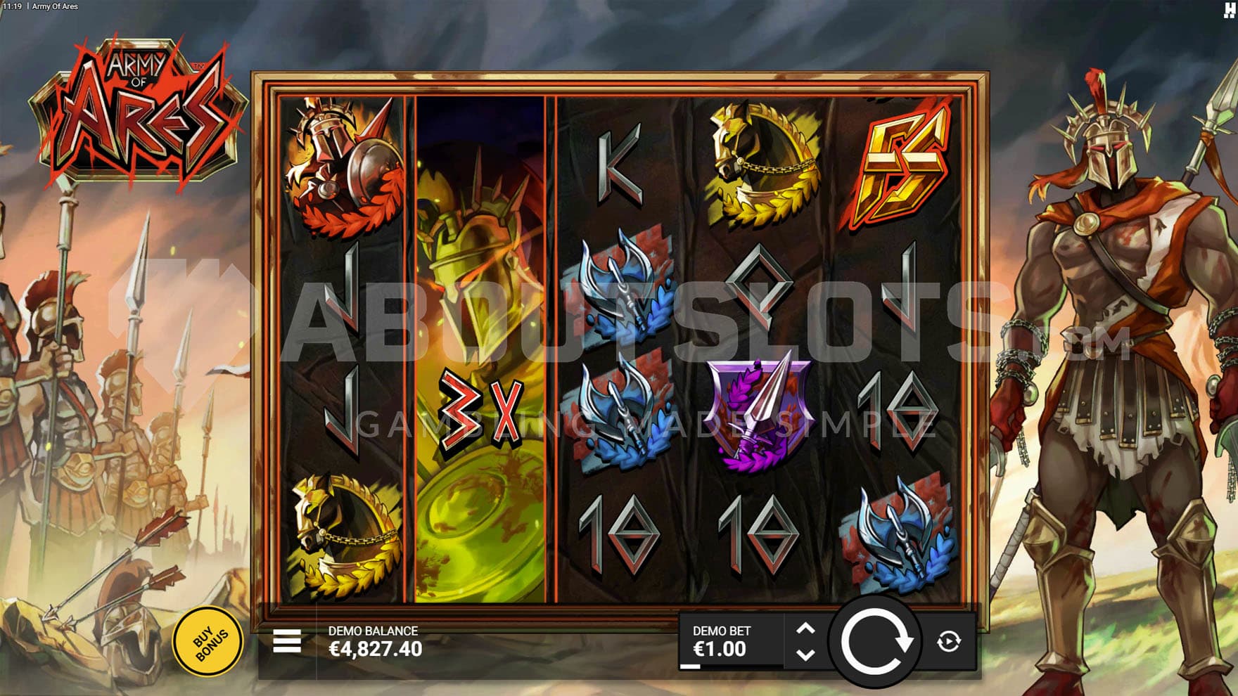 Base Game view of a 5x4 grid on a backdrop of a battlefield with Greek soldiers and the god Ares standing on the right.