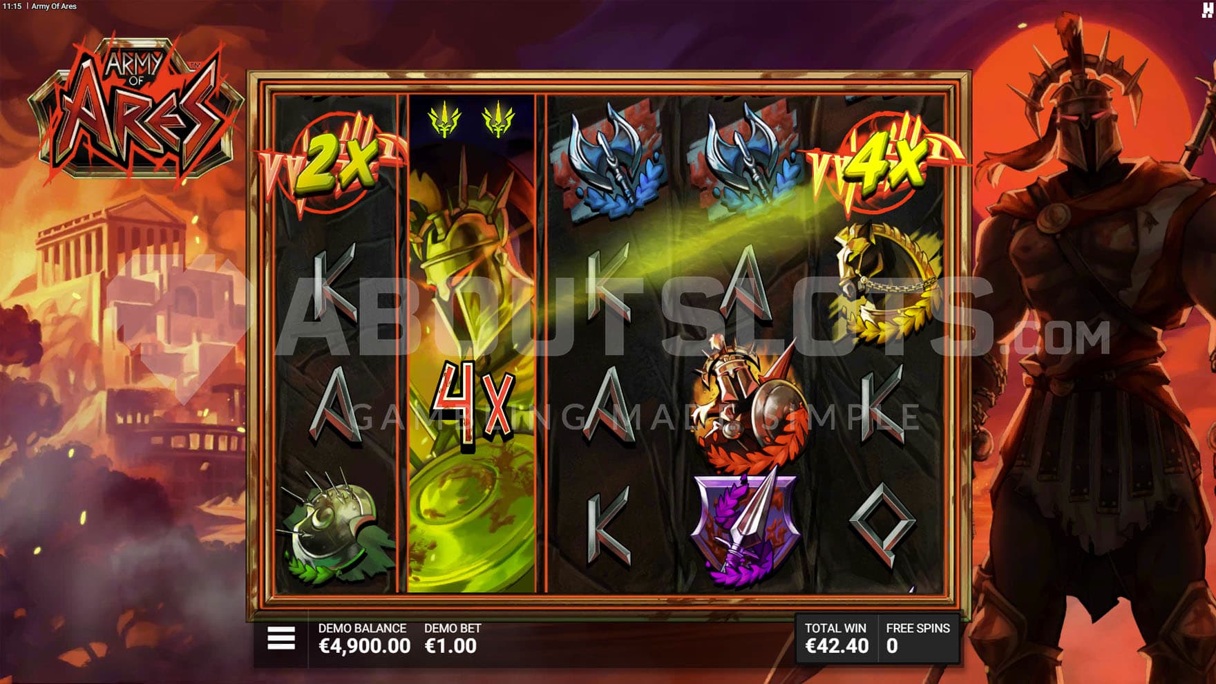 Fire and Flame Bonus in progress, showing a Wrath Reel on reel 2,  and two additional Wilds with multipliers.