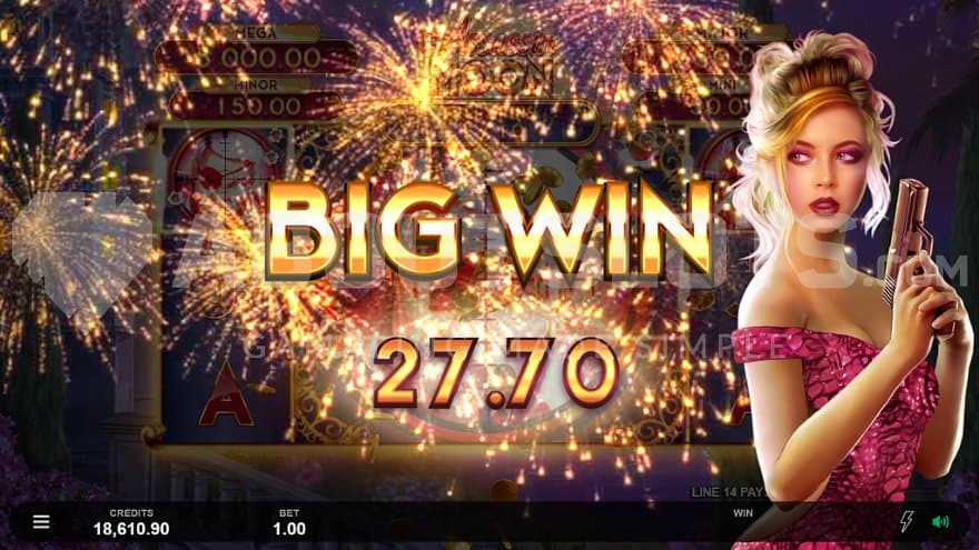 A picture with fire works saying "Big win 27.70."