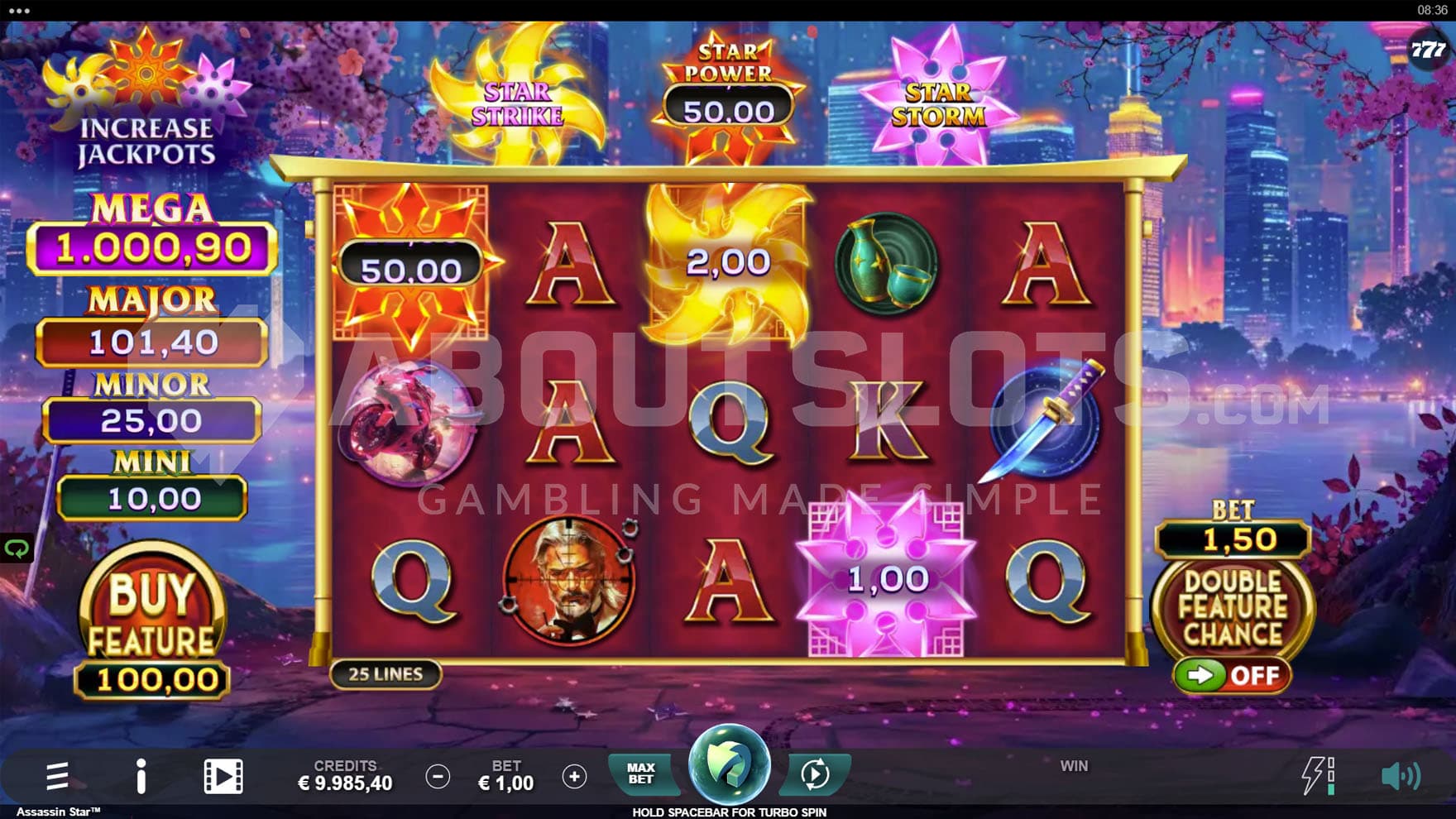 Base Game view of a 5x3 grid on a backdrop of modern Japanese city with cherry trees blossoming on both sides.