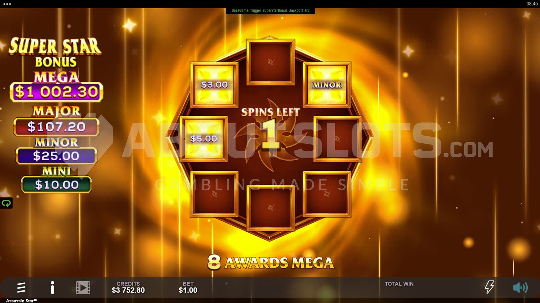 Super Star Bonus in progress, showing 8 golden positions, 3 of which show scored prizes.