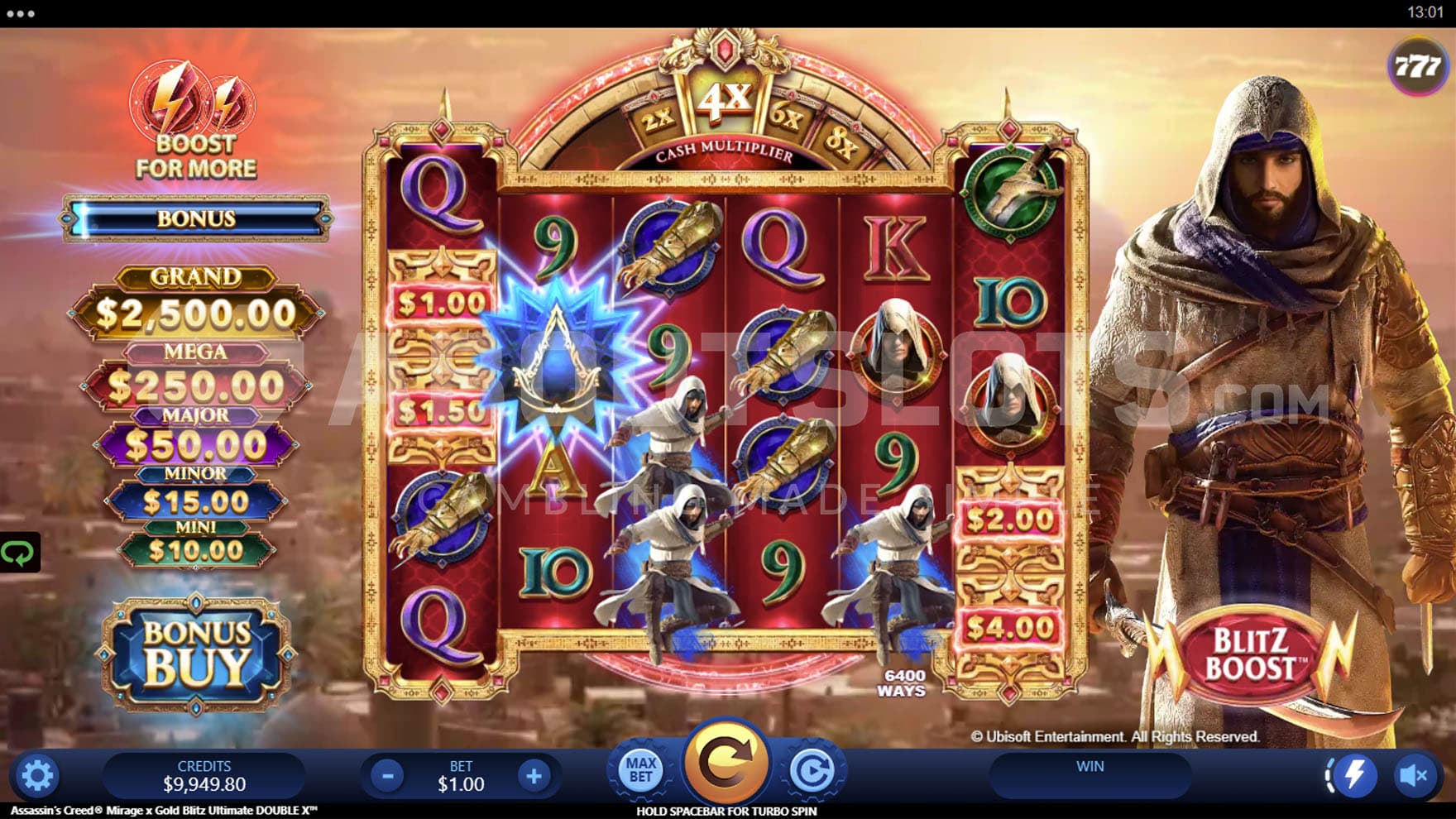 Base Game view of a 6x4 grid on a backdrop of an ancient Islamic city, with an assassin standing on the right.