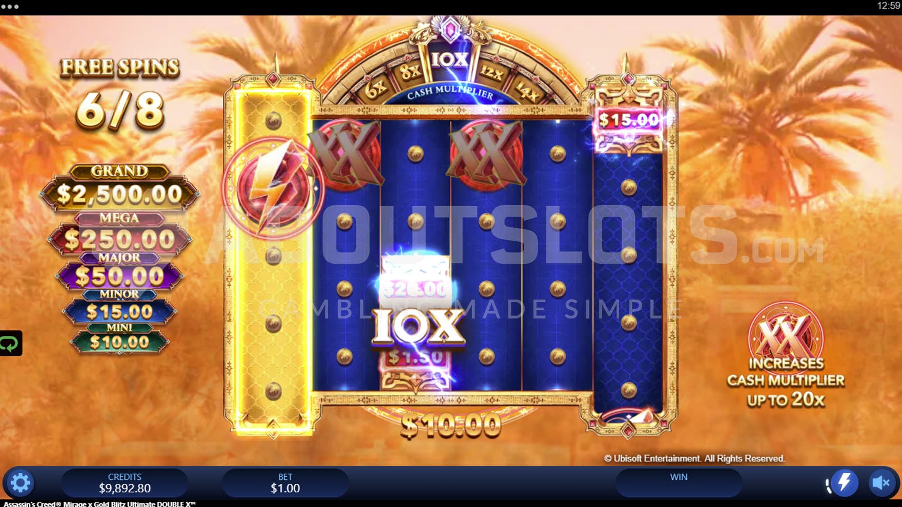 Blitz Free Spins bonus in progress, showing a prize being multiplied by x10 and collected.