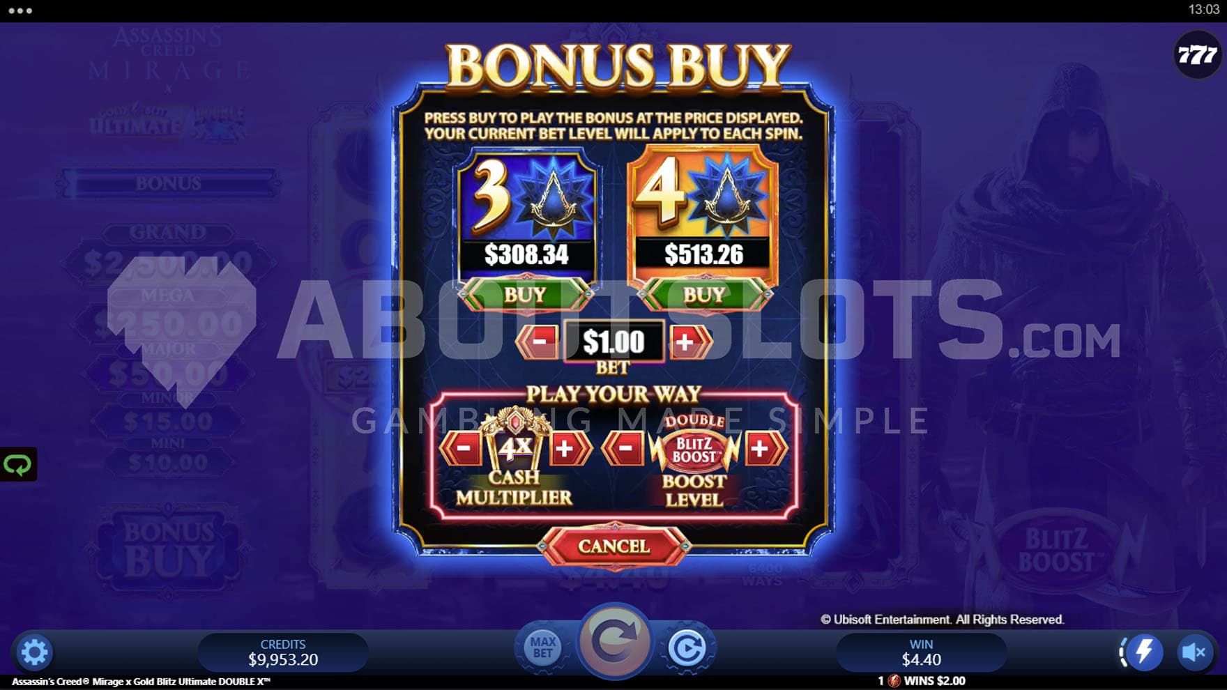 Feature Buy screen showing a customised option to trigger the bonus round.