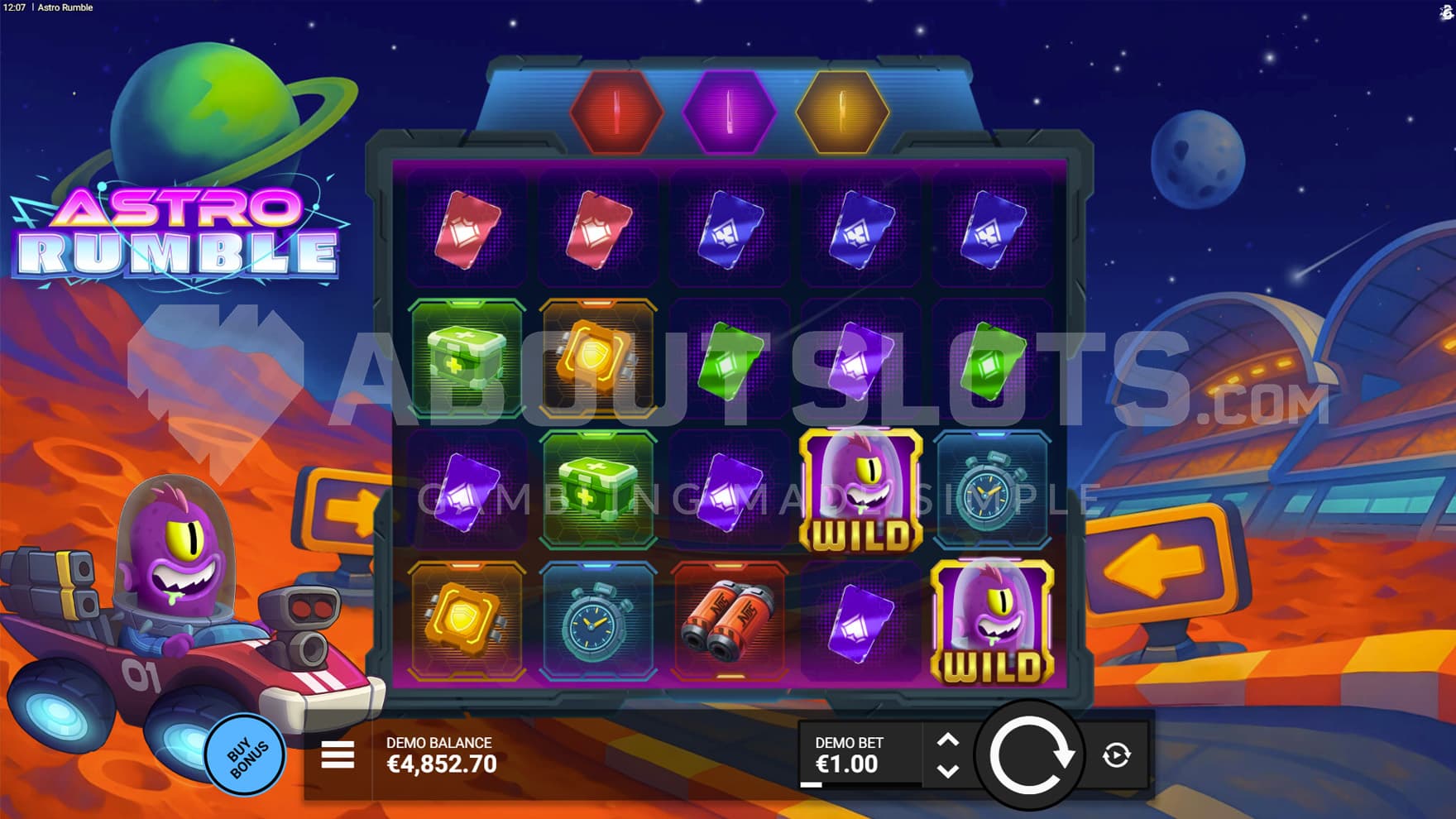 Base Game view of a 5x4 grid on a backdrop of a race track set on a red, rocky planet.