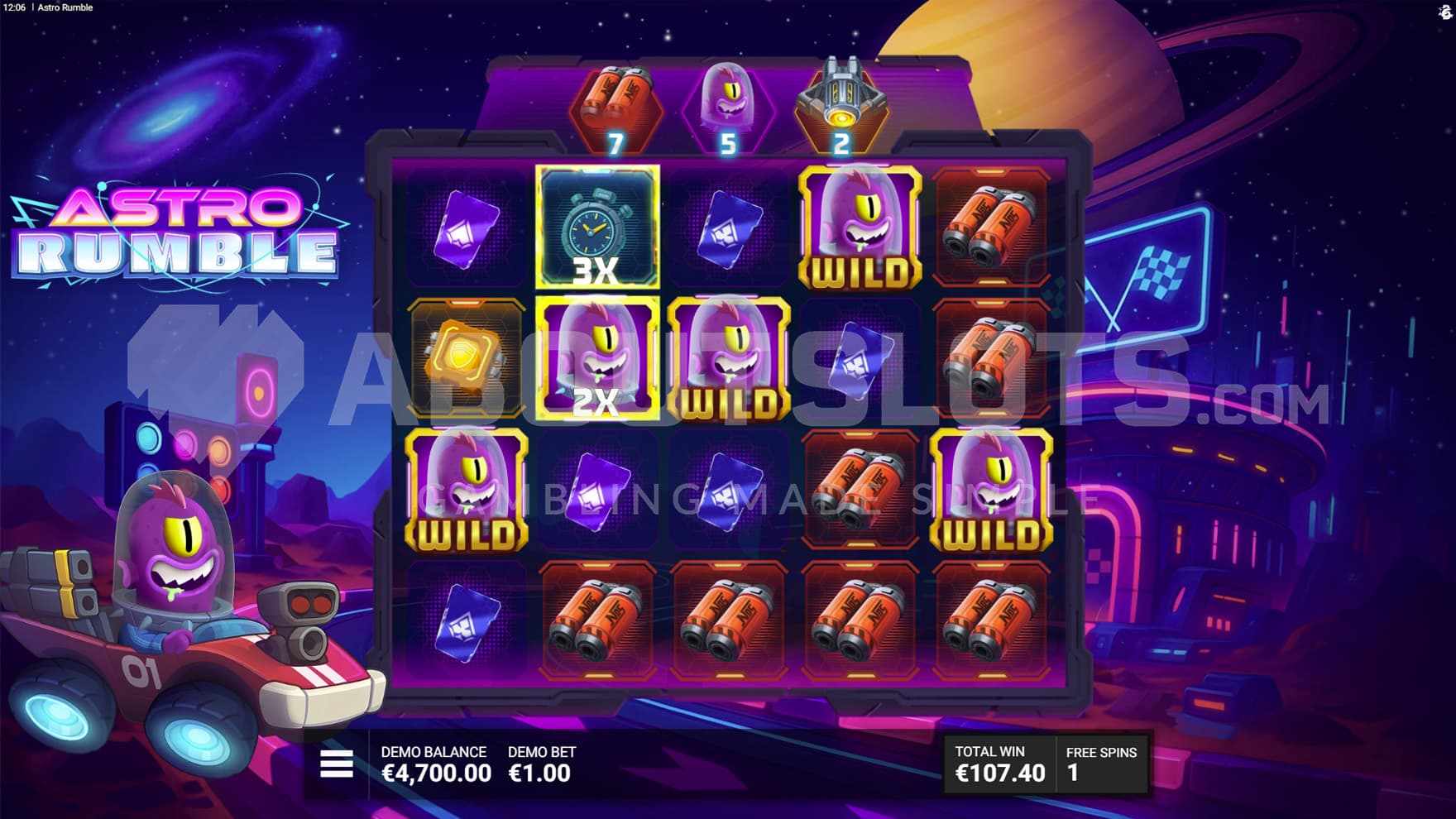 Free Spins bonus in progress, showing all 3 meters charged with symbols and multiple Wilds on the grid.