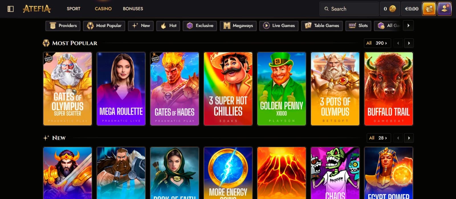 Atefia Casino games page featuring the slot and table game icons and categories