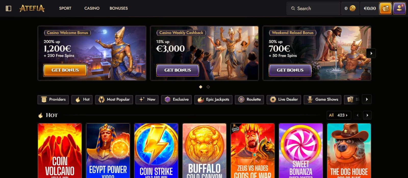 Atefia Casino landing page featuring the promotional banners for casino bonuses, lobby tabs, and Hot slots section