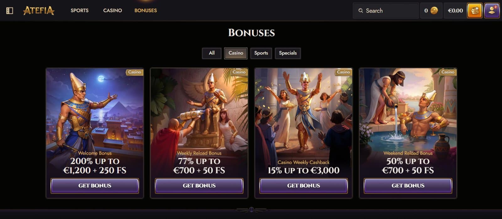 Atefia Casino promotions page featuring the welcome bonus package, weekly reload bonus, weekend reload bonus, and weekly cashback bonus