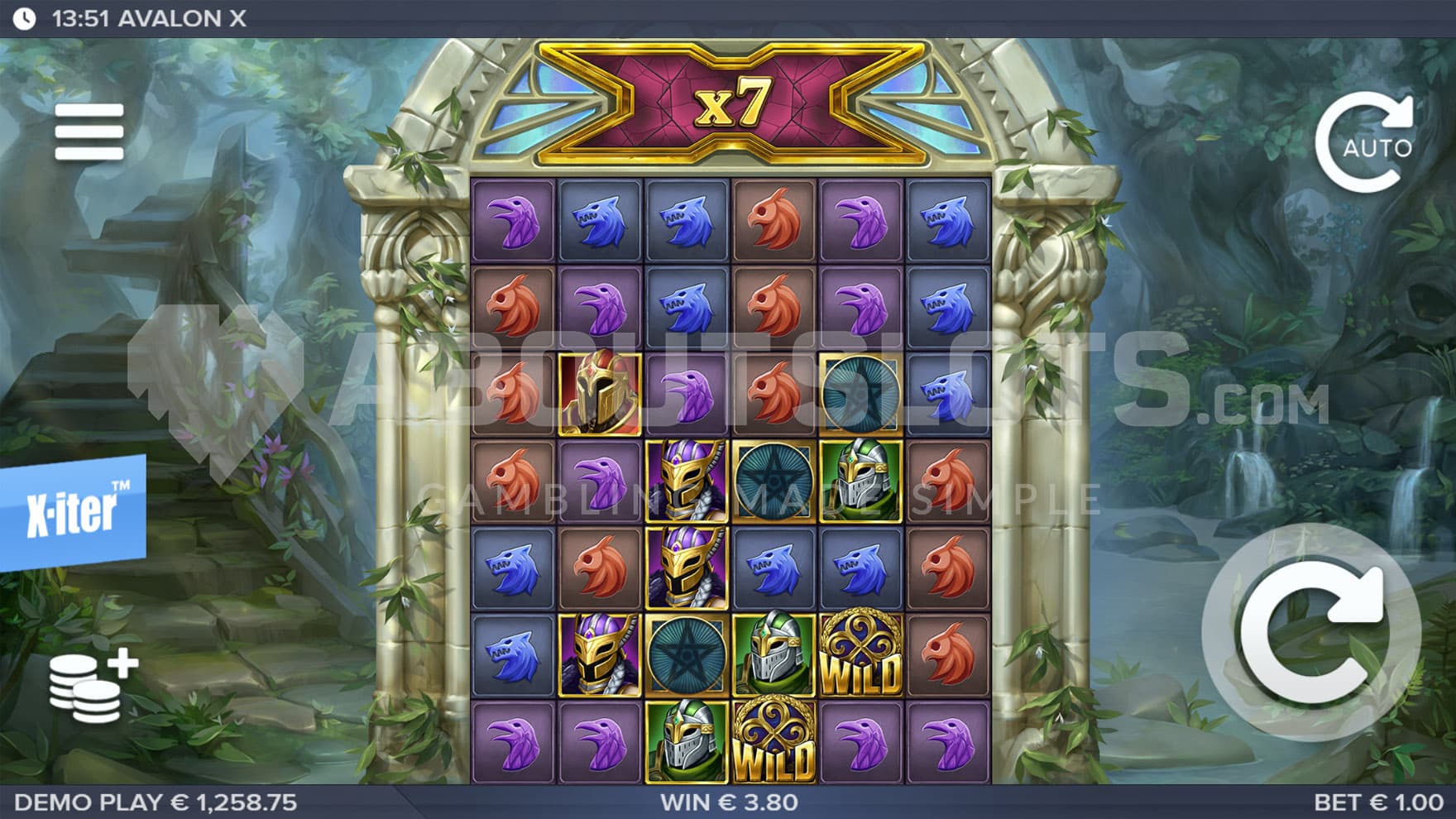 Base Game view of a 6x7 grid set on a backdrop of a ruined sanctuary overgrown by nature.