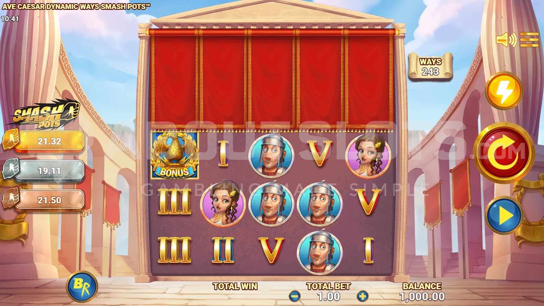 A casino slot with a cartoonish Roman theme.