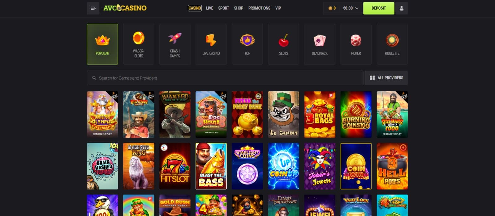 AvoCasino's game page shows slots like Gates of Olympus, Big Bass Splash, and Wanted Dead or a Wild.