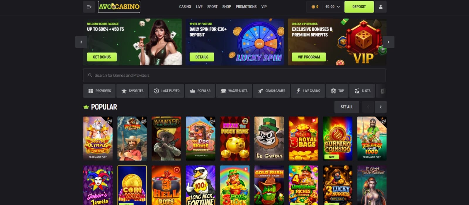 AvoCasino's homepage banner highlights the welcome bonus, a daily Lucky Spin wheel, and the VIP program, with popular games below.