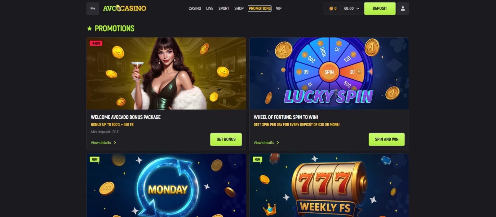 AvoCasino's Promotions page lists the welcome bonus, Lucky Spin wheel, a Monday reload deal, and a weekly free spins offer.