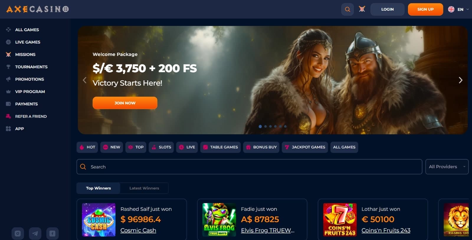 Axecasino’s homepage shows the 3750 euros and 200 free spins welcome bonus, and an image of a Viking couple.