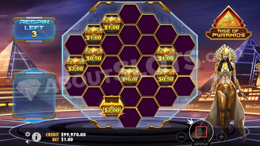 Respin feature with three respins left shown to the left.