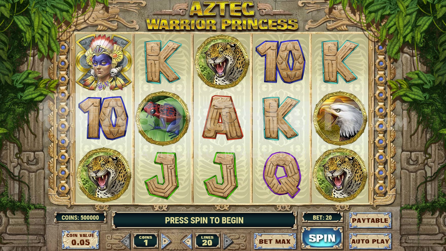 Base Game view of a 5x3 grid on a backdrop of Aztec-themed stone buildings.