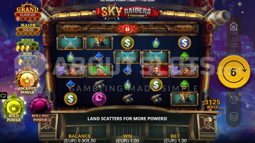 Powered Free Spins bonus game with six remaining spins.