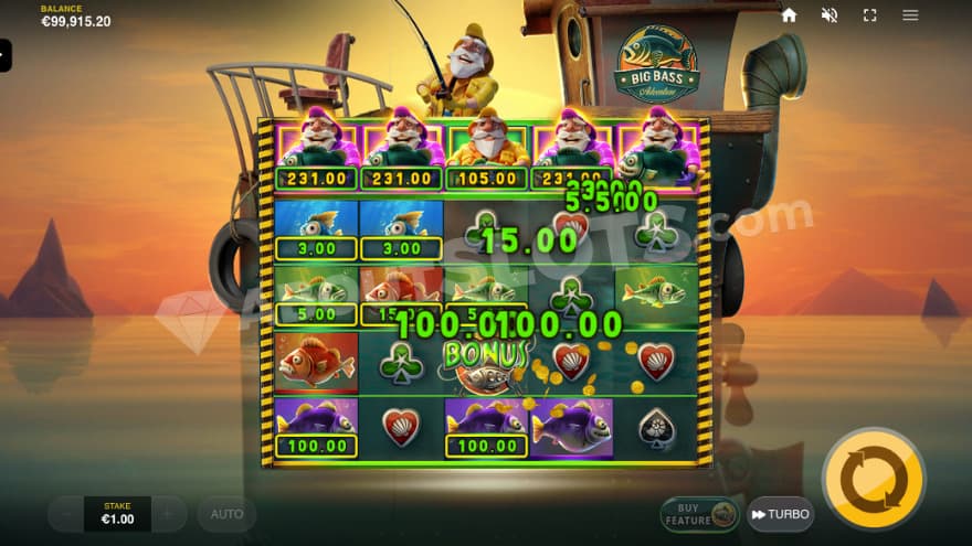 Big win with 5 collect symbols on the fisherman row.