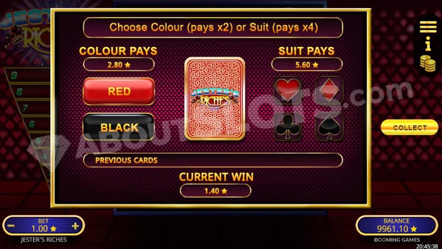 Gamble feature with a option to either choose the color or suit of a card.