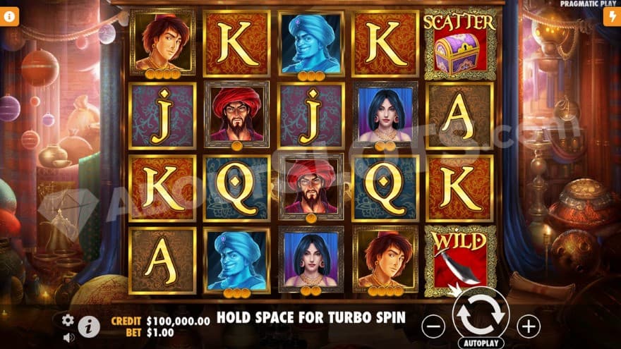 Base game with a wild and a scatter symbol on the fifth reel.