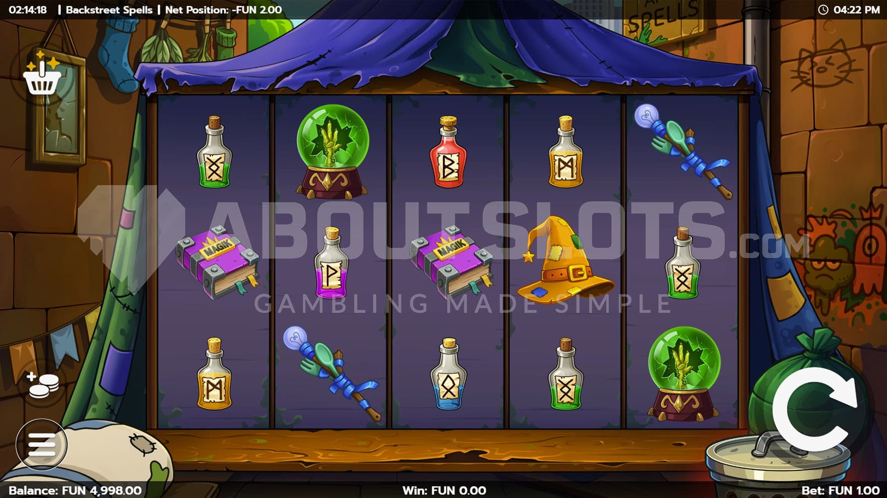 Base Game view of a 5x3 grid on a backdrop of a tent pitched between two brick buildings.