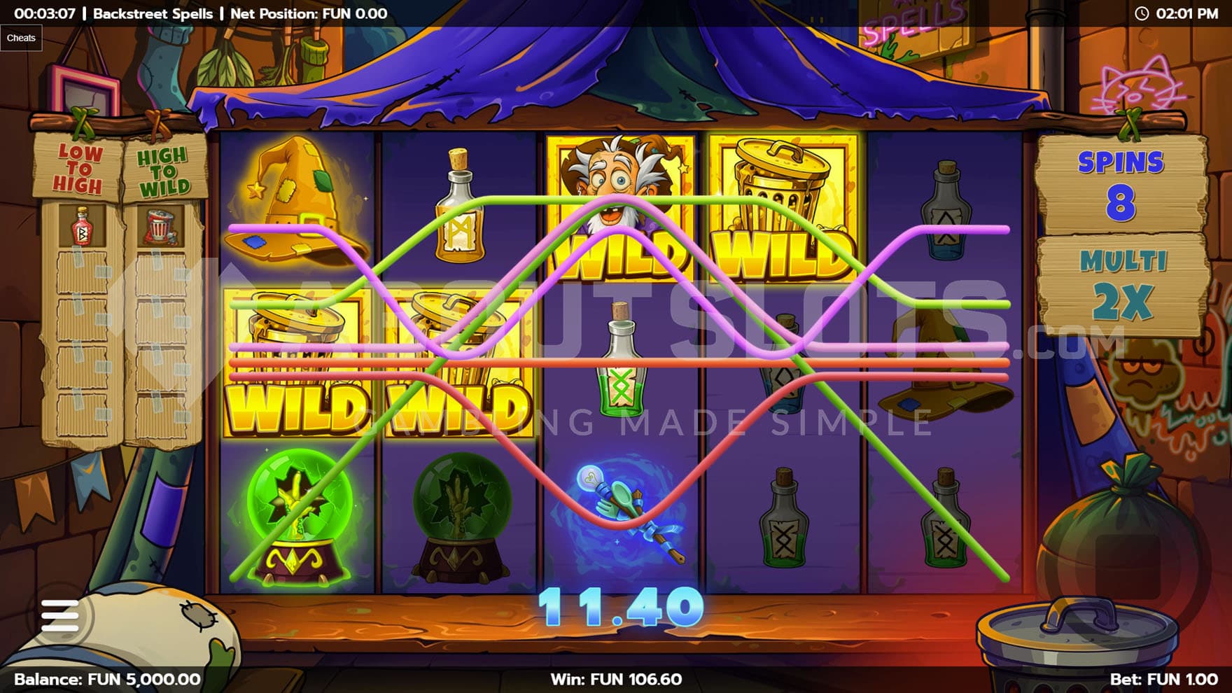 Free Spins bonus in progress, showing a win on multiple lines with Wild symbols.